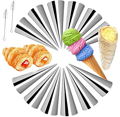 0℃ Outdoor 30 Stück Creme Horn Formen Edelstahl Kegel Form Cannoli Form Röhren Croissant Backkuchen Formen DIY Backformen, Antihaft Röhrenform mit 2 Reinigungs Bürste,S
