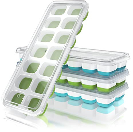 Arendo - Eiswürfelform 4er Pack Silikon 250ml - 14 Fächer - 4 x Eiswürfelformen - mit Deckel – 2x weiß-grün und 2x weiß blau – spülmaschinengeeignet – stapelbar - BPA-frei