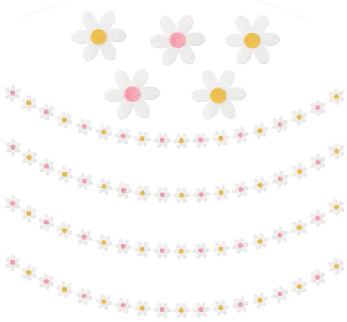 A1DIEE 4 Stück Groovy Gänseblümchen Filzbanner Retro Hippie Boho Girlande Ammer Ornamente Gänseblümchen Weiße Blumen Hängebanner für Raumdekoration Fotografie Hintergrund Geburtstagsparty Zubehör