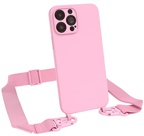 EAZY CASE Premium Silikon 2 in 1 Handykette kompatibel mit iPhone 13 Pro Max Handyhülle mit Umhängeband, Handykordel mit Silikonhülle, Hülle mit Band, Kette für Smartphone, Pink
