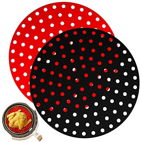 NK 2 Pezzi Tappetino Friggitrice ad Aria Riutilizzabili (Carta Forno Silicone) - AirFryer Liner, Antiaderente, Accessori per Friggitrice senza Olio, 1 Unità Rossa + 1 Nera (Rotondo, 20cm)