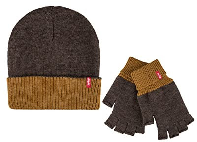 Levi's Warme Wintermütze für Herren, wendbar, mit fingerlosem Handschuh-Set, Hellbraun, Einheitsgröße