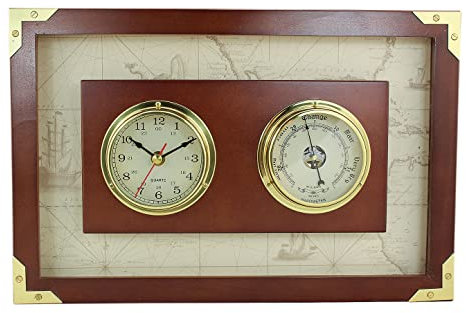 Sea-Club Uhr & Barometer im Holzrahmen Nautik Messing Ø=8cm