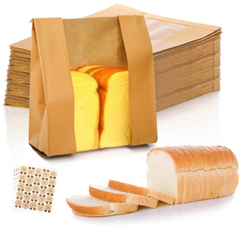 ZENFUN 100er Pack Wiederverwendbare Brottüten aus Papier mit Aufklebern, Bäckereitüten aus Papier mit Klarem Fenster für Hausgemachtes Brot, Kekse, Donuts, 21 x 10 x 32 cm