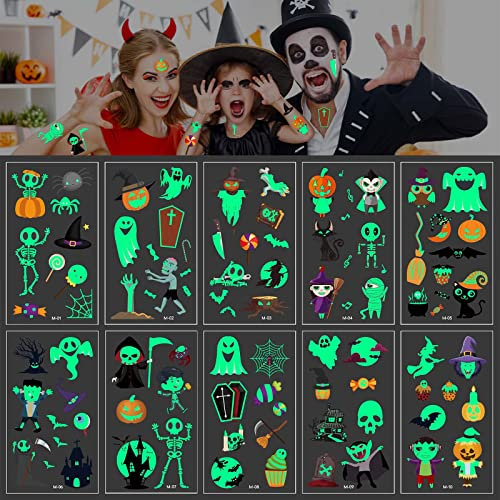 100+ Pcs Halloween Tattoo Kinder, Leuchten im Dunkeln Halloween Temporäre Tattoos, Kürbis Ghost Spinnen Sticker für Halloweenparty Dekoration Zubehör