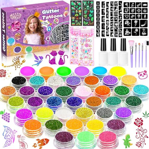 FAMKEEP Glitzer Tattoo Set Kinder, Temporäres Glitzer Tattoo,42 Farben Glitzer Make Up Kit für Kinder,223 Tattoo Schablonen,5 Pinsel, 3 Kleber,wasserdichte Tattoos für Geschenk Kinder Karneval