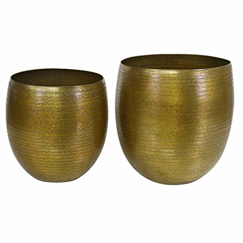 Casa Moro Orientalischer Blumentopf Leon 2er Set Groß in Antik-Gold Look rund aus Aluminium mit Hammerschlag Optik | Luxus Metall Übertopf Boho Pflanzkübel Designer Blumen-Kübel | ABK506
