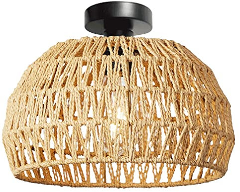 Vintage Boho Rattan Lampe Deckenleuchte Hängelampe - Rustikal Deckenlampe Geflochten Korb Lampenschirm Badezimmerlampe Badlampe - E27 Industrielle Deckenleuchte für Küche Schlafzimmer Wohnzimmer