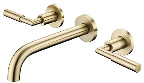 Pattlye Pt02BG - Grifo de pared dorado cepillado para lavabo de baño, doble mango, válvula de latón incluida