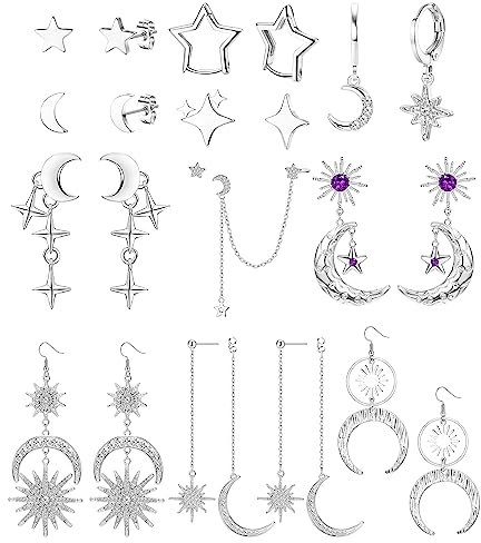 Kakonia 11Paar Stern Mond Ohrringe für Damen Ohrringe Sterne Gold Ohrstecker Silber Edelstahl Star Earrings Helix Knorpel Piercings Ohrringes Hypoallergene Sonne Hängend Kette Creolen Set Damen