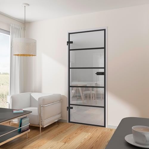 inova Schulte Porte intérieure loft en Verre, Bloc-Porte vitré, 83x197 cm, Atelier, Noir Mat, Verre Transparent, verrière, 5 vitrages, Montage réversible