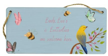 Panneau de jardin suspendu en contreplaqué : oiseaux, abeilles et papillons Welcome Here Décoration d'intérieur en bois coloré