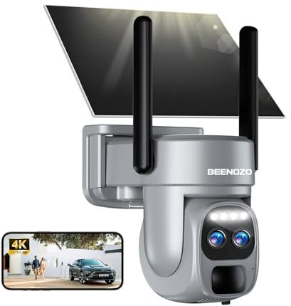 BEENOZO 4K Camera Surveillance WiFi Exterieure sans Fil avec Double Objectif,8X Zoom Hybride,360° PTZ Caméra Interieure,Suivi Automatique,avec Panneau Solaire,Nocturne Couleur,Sirène,Audio Bidire