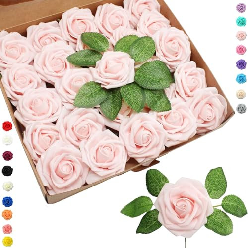 25pcs Faux Champagne Pink Roses Artificial Flowers Roses,Real Touch Foam Roses Fake Flowers Artificial Roses Bulk for Wedding Decor,Bridal Shower Crafts Home Baby Shower Valentines Day Decorations