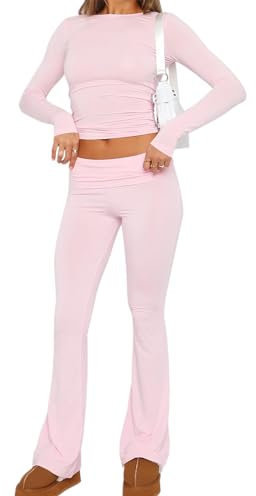 TICBRY Zweiteiliges Damen-Outfit, langärmelig, bauchfreies Top mit niedriger Taille, Leggings, Schlaghose, Loungehose, Pink, S