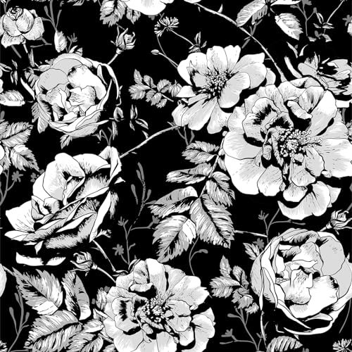 ReWallpaper Tapete Selbstklebend Vintage Klebefolie Möbel Schwarz Blumen Folie Möbel Selbstklebend Muster Blätter Grau Vinyl Tapete Schlafzimmer Romantisch für Flur Wand Decke 44,5CM×3M