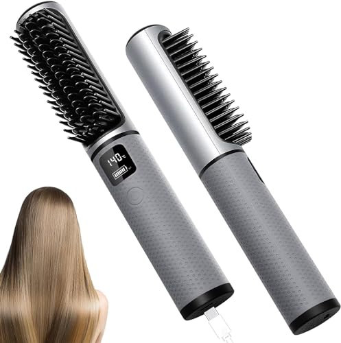 OBEST Brosse à lisser Portable Sans Fil,Mini Fer à Lisser Chauffant Peigne Deux en un,4 Vitesses de Régulation de la Température,Recharge USB,Idéal pour les Voyages et les Rencontres