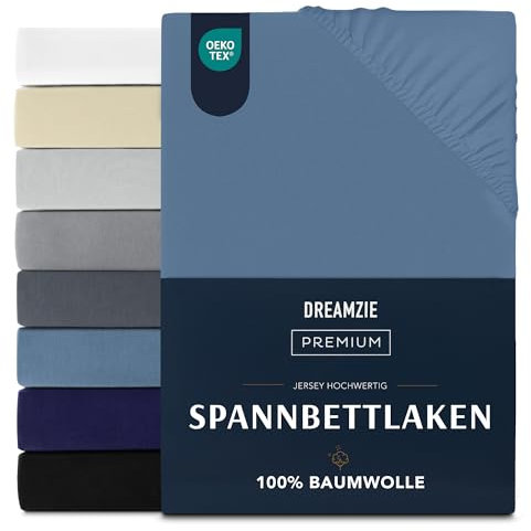 Dreamzie Premium Spannbettlaken 180x200 cm, Spannbetttuch für Dicke Matratzen bis zu 27 cm, Bettlaken 100% Jersey Baumwolle, 150 g/m², Oeko-TEX Zertifiziert - Blau