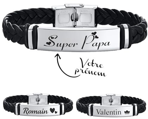 KDO MAGIC - Bracelet personnalisé homme - Bracelet en cuir tressé noir - Personnalisable avec un prénom ou texte gravé - Bijoux homme gravé - Cadeau fête des pères, papa, homme (Argenté)