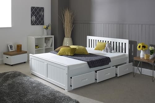 Humza Amani Mission Wooden Bed 3FT, Single Waxed Pine Guest Bed with Under Bed Storage Drawers and Slatted Headboard (White, Double)
