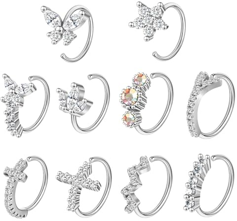 6ixGosh Dangle Nose Rings Hoop for Women Septum Nose Piercing Jewelry Cartilage Earring CZ Flower Leaf Star Butterfly Daith Tragus Helix Lip Piercing, Silver Gold Rose Gold