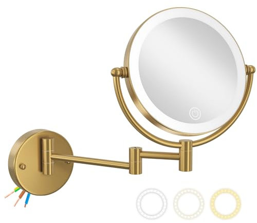 LEDOOLE Hardwired Bathroom Makeup Mirror Wall Mount Gold, Double Sided 1/10X Magnifying Make up Mirror with Lights 3 Color & Adjustable Brightness, 360 Swing Arm Shaving Mirror, Brushed Moderne Brass