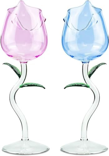 Flylin Set di 2 bicchieri da vino a forma di rosa, per bicchieri da vino rosso, da cocktail, per regali, feste, cene, matrimoni, stoviglie (rosa e blu, 260 ml)