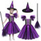Deguisement Sorciere Fille, Costume Sorciere Enfant Halloween Violet Robe Princesse avec Chapeau Balai de Sorcière Cosplay Fete pour Fille 2 à 12 Ans (Violet, 110 (4-5 ans))