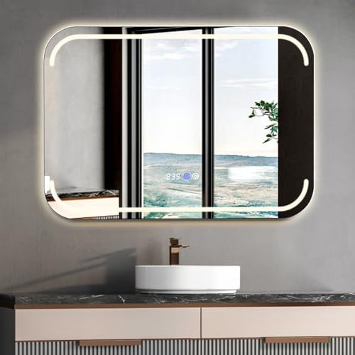 AxisFurn Quadratischer Badezimmerspiegel mit Beleuchtung, LED-Spiegel mit Touch-Schalter, 3 Lichtfarben einstellbar, Anti-Beschlag großer Kosmetikspiegel, 6500K IP44 energiesparend, 50x70 cm