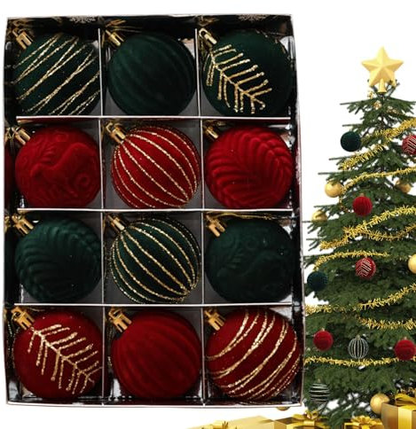 Velvet Christmas Ornaments - 12 Shatterproof Balls | Velvet Ball Ornaments in Red and Green, Festive Decorations for Christmas Party, Holiday Decor, and Tree Trimming