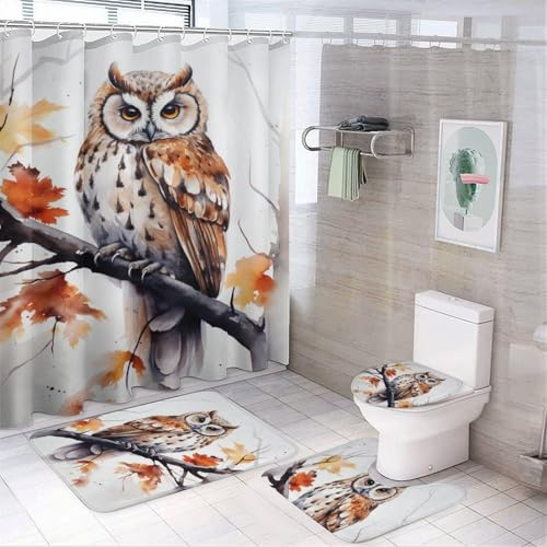 AEMYSKA Duschvorhang-Set mit Aquarell-Eule, rustikaler Vogel, natürlicher Baumzweig, Badezimmer-Zubehör-Set mit rutschfesten Teppichen, WC-Deckelbezug und Badematte, wasserdichter Vorhang mit 12 Haken