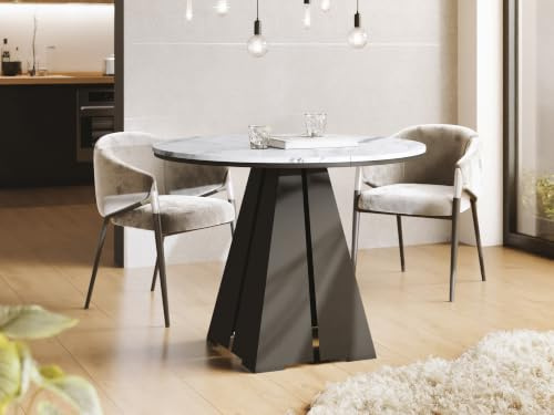 WFL GROUP Runder Ausziehbarer Esstisch mit Schwarzem Metallgestell - Moderner Industrieller Tisch in Weißer Marmoroptik für Esszimmer oder Küche - 120 cm bis 200 cm - Made in EU - Marmor Weiß
