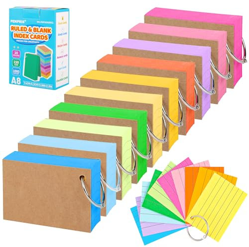 800 Blatt farbige Karteikarten mit Ringösen - A8 Größe [52x74mm] - Doppelseitig linierte Karteikarten, linierte Notizkarten für Schul- und Bürobedarf - 150 g/m², 8 Farben - PAP06A8MX1