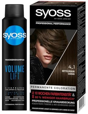 SYOSS Color Coloration 4_1 Mittelbraun Stufe 3 (1x 115 ml), für bis zu 10 Wochen Farbintensität & Trocken-Shampoo Volume Lift (200 ml), Trockenshampoo für voluminöses Haarstyling