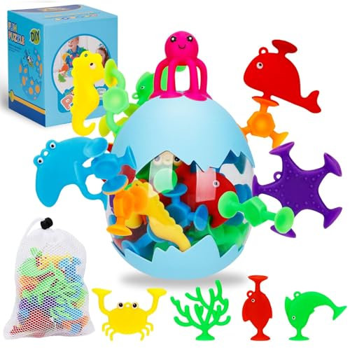 USHOP Jouets à Ventouse Silicone,30 Pièces Jouets de Bain pour Enfants,Animals Jouet d'Aspiration,Jouets de Construction en Silicone Cadeaux d'éducation Sensorielle pour 3 4 5 6 7 Ans Garçons Filles