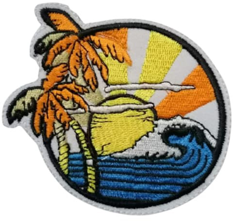 Bebuz Beach Sunset with Palm Trees Embroidery Iron-On Patches for Clothing Sew-On Applique for DIY Crafts Denim Jackets Jeans Backpacks
