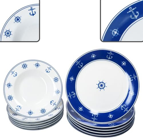 MamboCat Ahoi Service de table 12 pièces I Vaisselle en porcelaine bleue et blanche avec motifs nautiques Ancre & Co pour 6 personnes I 6 assiettes creuses & 6 assiettes plates pour petit-déjeuner