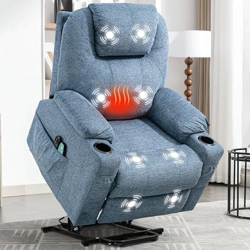 Blisswood Electric Recliner Armchair with Heat & Massage Power Lift Sofa Chair for Elderly, Single Motor Auto Riser & Recliner Chair for Living Room with Dual Remote & Side Pocket (Blue)
