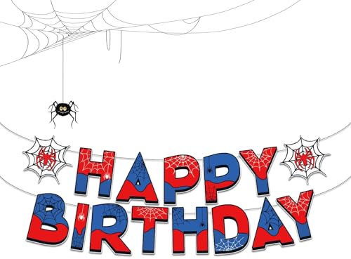 Ovanda Spider Happy Birthday Girlande, Kindergeburtstag Deko, Spider Geburtstagsdeko Themed Party Set Happy Birthday Banner, Happy Birthday Girlande Rot Blau Dekoration Schriftzug