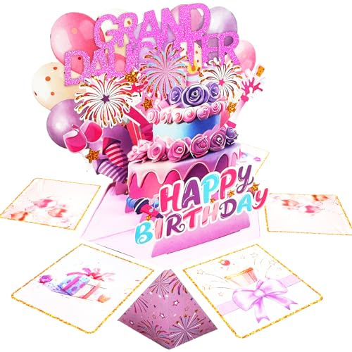 3D Pop Up Birthday Card Gifts for Granddaughter, Explosion Box Greeting Card with Cake, Balloons & Gifts, Funny Granddaughter Birthday Card