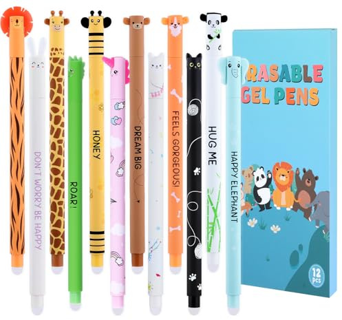12 Stück Radierbarer Bunt Kugelschreiber, 0,7mm, Gelstifte mit Tiermotiven, Tintenroller, Ideal als Geschenk zu Abschlussgeschenk, Schulanfang Geschenk, Schultüte Füllung für Schule & Bürobedarf