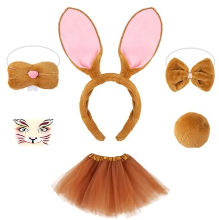 Qiantull Hasenohren Haarreif Schwanz Plüsch Hase Ohren Stirnband Hasennase Hasen Fliege Outfit Kaninchen Kostüm Accessoire für Ostern Halloween Karneval Cosplay Party Braun-E 6-teiliges Set