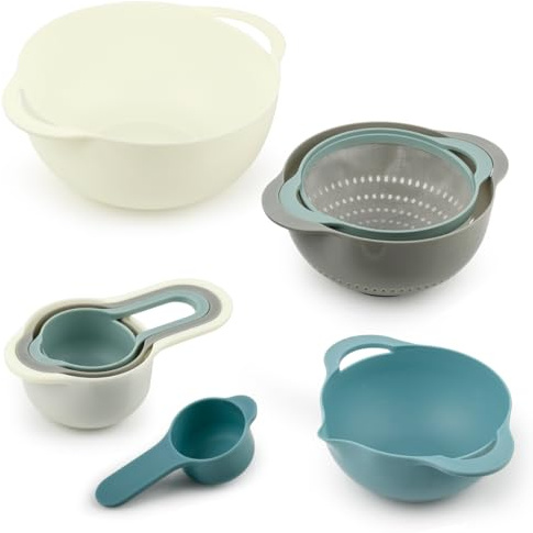 TMBMLPP Nesting Bowl Sieve Set, 8pcs Plastic Nesting Bowls Set Includes Mixing Bowls,Colanders, Sifter &4 Measuring Cups, BPA-Free, Space-Saving, for Baking Cooking Food Prep Washing Fruits Vegetables
