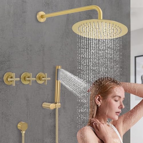Duscharmatur Set Unterputz Gold Duschsystem mit Oberdüse und Handdüse Runden Messing Duschset Wandmontage für Hotels Familien