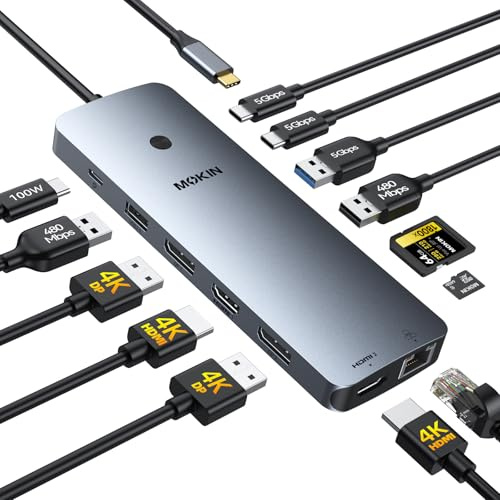 Laptop Dockingstation 3 Monitore, USB C Hub mit 2 HDMI 2DP, RJ45 Ethernet, 5Gbps USB C/A, 100W PD SD/microSD für Dell/HP/Lenovo - MOKiN