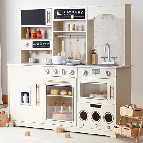 besrey Play Kitchen for Kids, Wooden Kids Play Kitchen Playset with Real Lights & Sounds, Toddler Toy Kitchen with Fun Cookware Accessories, Pretend Play Kitchen Gift for Age 3+