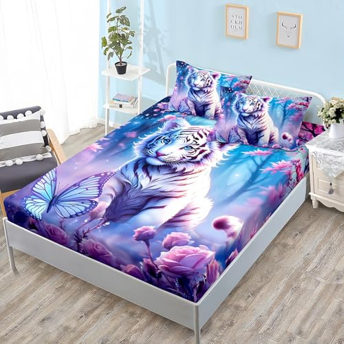 ZKTCYC Spannbetttuch 90x200 Tiger Dschungel Tiere Spannbettlaken 90x200cm Kinder Jungen Mädchen Bettlaken Set bis 30cm aus Mikrofaser mit Kissenbezug 80x80 cm