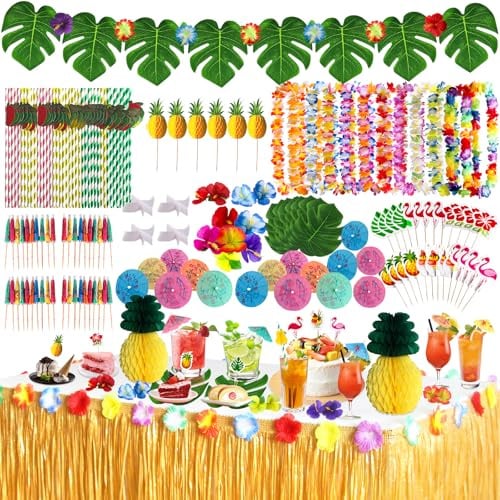 145Pcs Hawaiano Luau Falda de Mesa Set de Decoración，Fiesta Hawaiana，Decoración para Tarta con Flores Hawaianas de Hoja de Palma，Perfecta para la Playa de Verano y Fiestas Temáticas Hawaianas