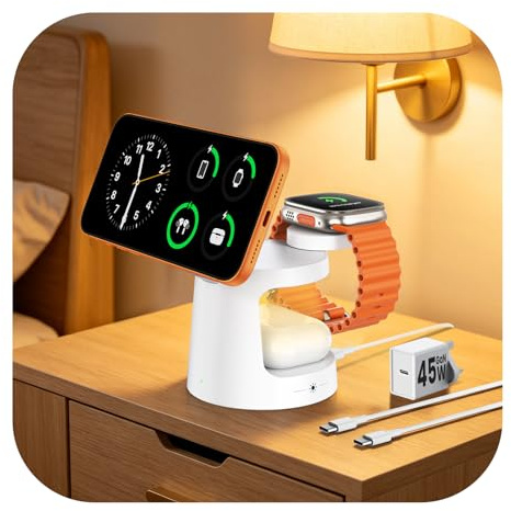 GEEKERA Qi2.2 25W 3-in-1 Charging Station with Night Light, Portable Magnetic Fast Charger for iPhone Air/17/16/15-12, Apple Watch Series 2-11, AirPods, includes 45W GaN Adapter, Milky