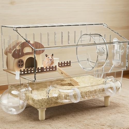 Grande Cage en Acrylique pour Hamster, Cages à 2 Niveaux pour Gerbilles avec Vue Transparente Complète en Haut, Maison Ouverte pour Hamster avec Tous les Accessoires, Grand Habitat pour Souris